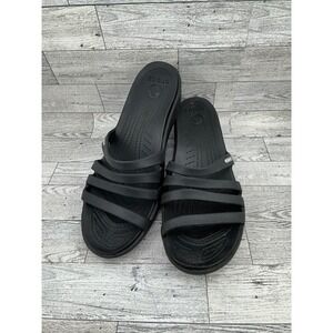 Crocs Women's Rhonda Black Multi Strap Wedge Sandals Slides Comfort‎ Size 11
